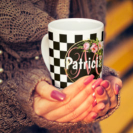 rosa Blommigt, svart och vitt kontrollbord, monogr Kaffemugg