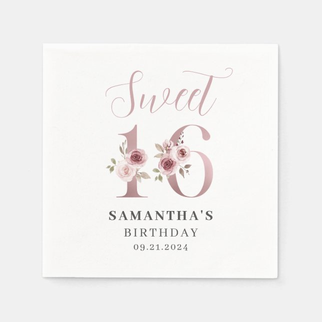 Rosa Blommigt Sweet 16 Birthday Pappersservett (Framsidan)