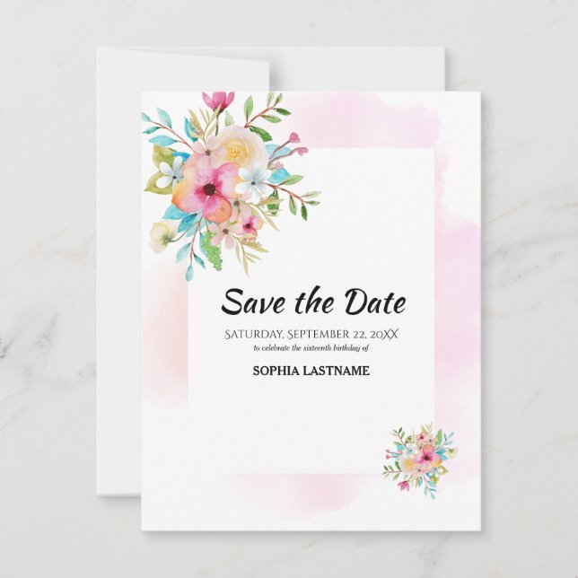 Rosa Blommigt Sweet 16 Flat Save the Date Card Spara Datumet (Framsida)