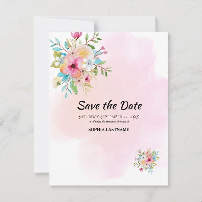Rosa Blommigt Sweet 16 Flat Save the Date Card Spara Datumet (Framsida)