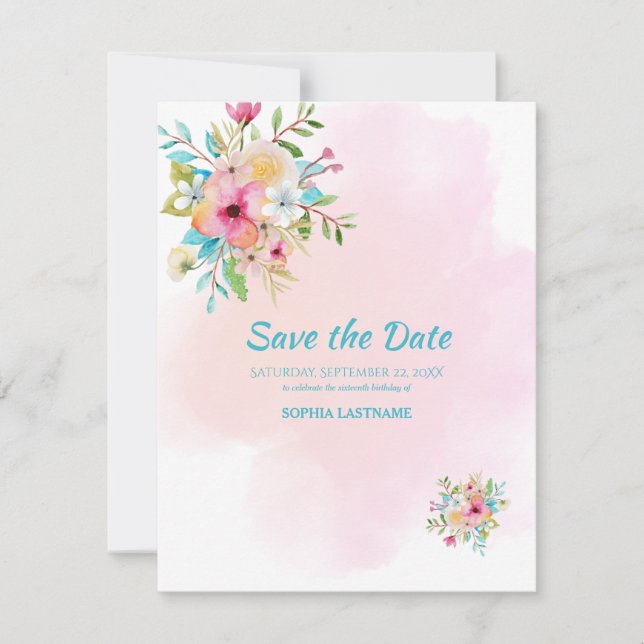 Rosa Blommigt Sweet 16 Flat Save the Date Card Spara Datumet (Framsida)