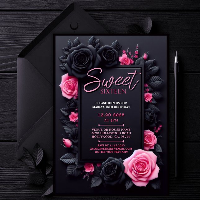 Rosa Blommigt Sweet 16 Födelsedagsfest inbjudan (Editable Sweet 16 Invitation, Black and Pink Sweet Sixteen, Floral 16th Birthday Party Invite)