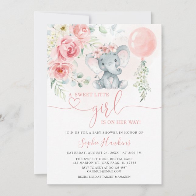 Rosa Blommigt Sweet Little Girl Elephant Baby Show Inbjudningar (Framsida)
