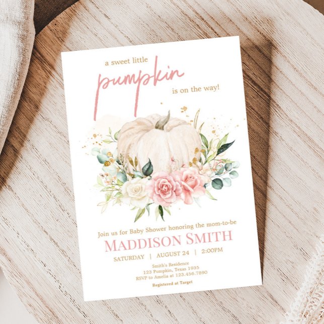 Rosa Blommigt Sweet Little Pumpkin Baby Shower Inbjudningar (Sweet Floral Little Pumpkin Baby Shower Invitation
)