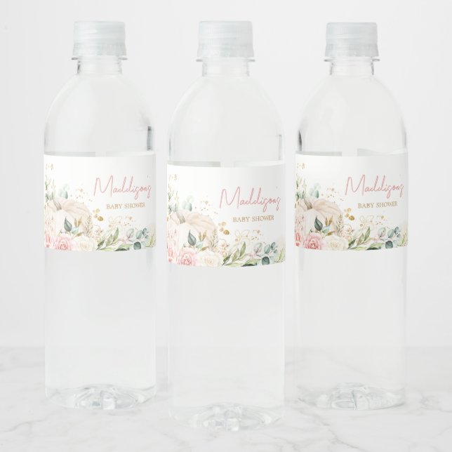 Rosa Blommigt Sweet Little Pumpkin Baby Shower Vattenflaskor Etikett (Flaskor)