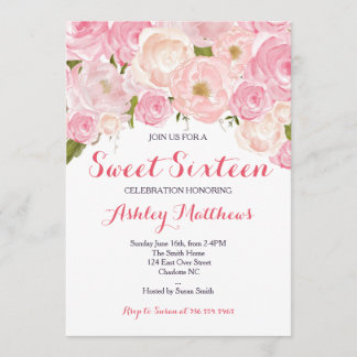 Rosa Blommigt Sweet sixteen Bjuddagsinbjudan Inbjudningar