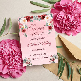 ROSA BLOMMIGT SWEET SIXTEEN ELEGANT FÖDELSEDAGSFES INBJUDNINGAR
