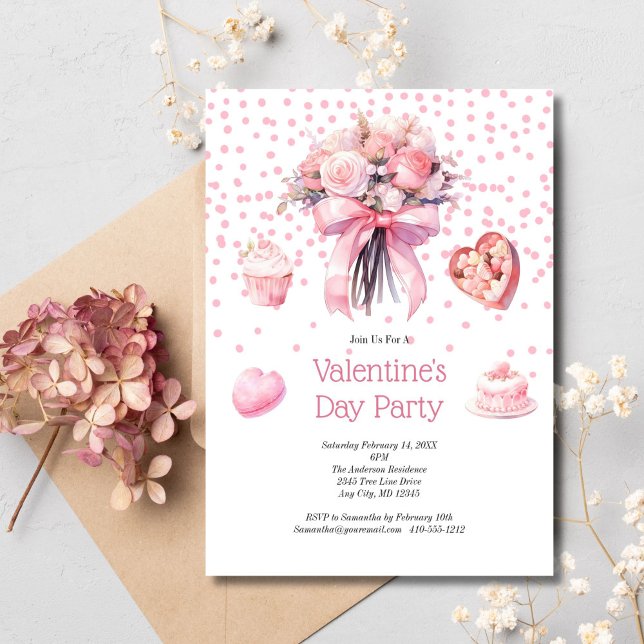 Rosa Blommigt Sweets Valentines Galentine's Day Inbjudningar (Pink Watercolor Floral and Sweets Valentine's Galentine's Day Party. Printed or Digital Invitation)
