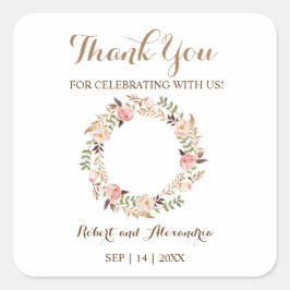 Rosa Blommigt Tack för kommande Bröllop Fyrkantigt Klistermärke