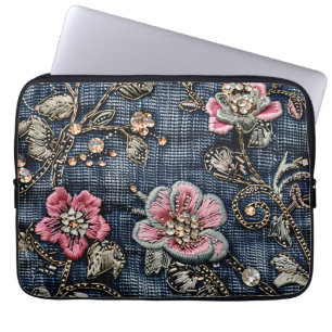 Rosa Blommigt Tapestry on Mörk blått Denim Laptop Fodral