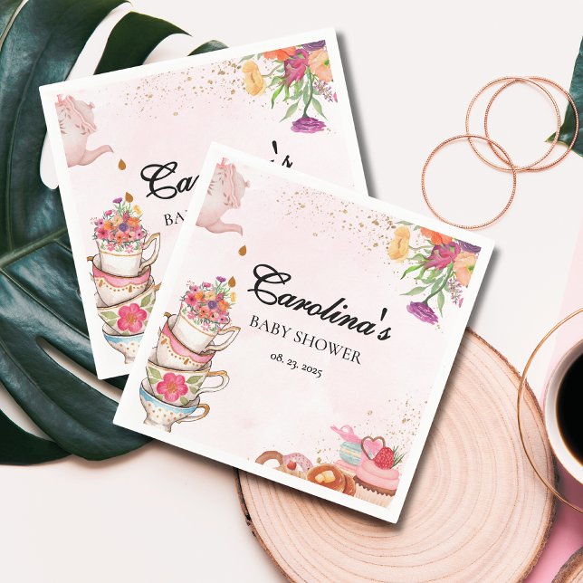 Rosa Blommigt te party Baby är en babydusch. Pappersservett (Skapare uppladdad)