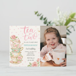 Rosa Blommigt Tea för två fotomeddelanden på födel Inbjudningar