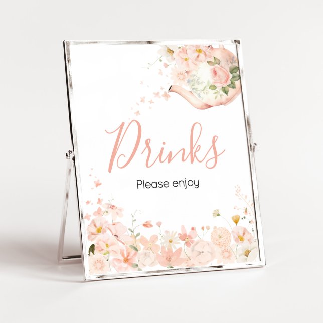 Rosa Blommigt Tea for Two Baby Shower Drinks Poster (Pink Floral Tea for Two Baby Shower Drinks Sign)