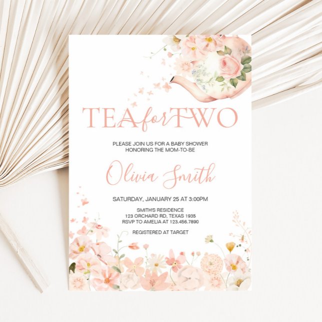 Rosa Blommigt Tea for Two Baby Shower Inbjudningar (Floral Tea for Two Twin Baby Shower Invitation)