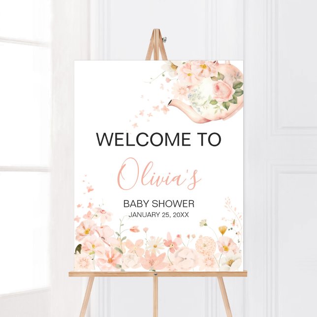 Rosa Blommigt Tea for Two Baby Shower Välkommen Poster (Pink Floral Tea for Two Baby Shower Welcome Sign)