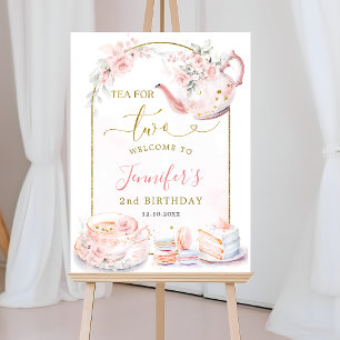 Rosa Blommigt Tea for Two Birthday Välkomstskylt Poster