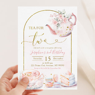Rosa Blommigt Tea for Two Girl Födelsedagsfest Inbjudningar