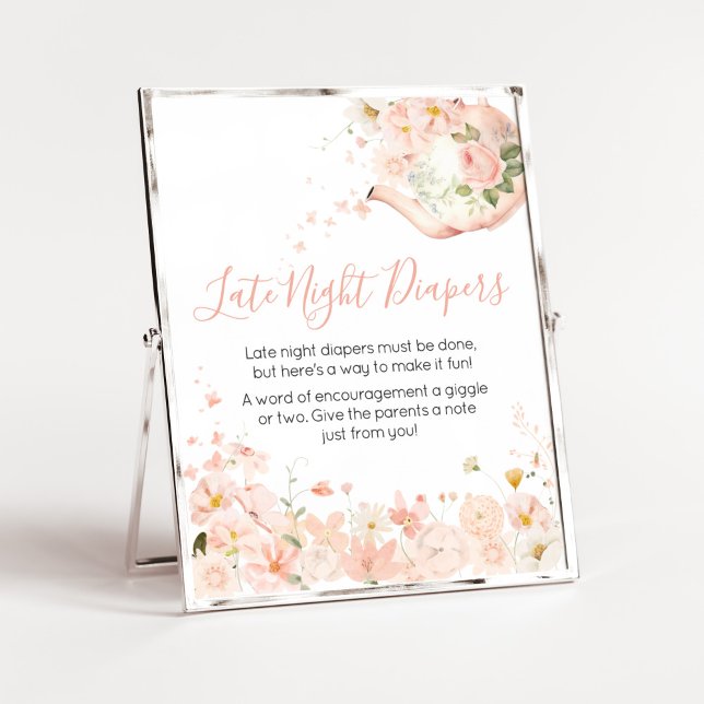Rosa Blommigt Tea for Two Late Night Diaper Poster (Pink Floral Tea for Two Baby Shower Late Night Diapers Sign)