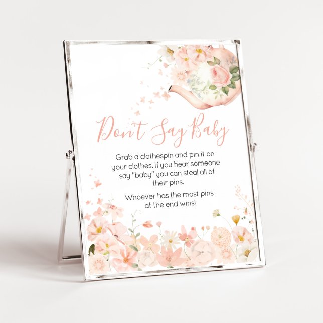 Rosa Blommigt Tea for Two Säg inte Baby Poster (Pink Floral Tea for Two Baby Shower Don't Say Baby Sign)