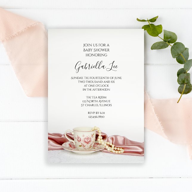 Rosa Blommigt Tea Kopp med Pearls Baby Shower Inbjudningar (Skapare uppladdad)