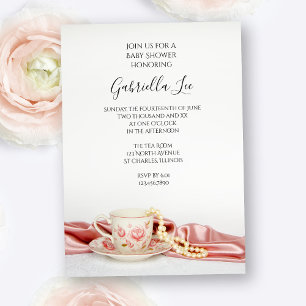 Rosa Blommigt Tea Kopp med Pearls Baby Shower Inbjudningar