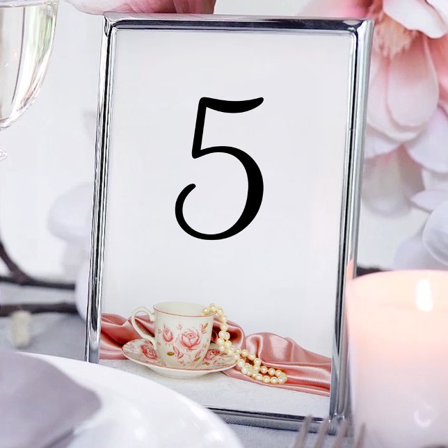 Rosa Blommigt Tea Kopp med Pearls Bröllop Bordsnummer (Skapare uppladdad)