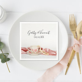 Rosa Blommigt Tea Kopp med Pearls Bröllop Pappersservett
