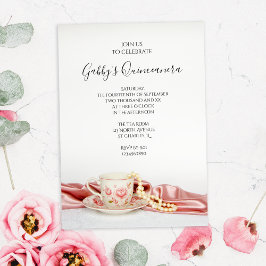 Rosa Blommigt Tea Kopp med Pearls Quinceanera Part Inbjudningar