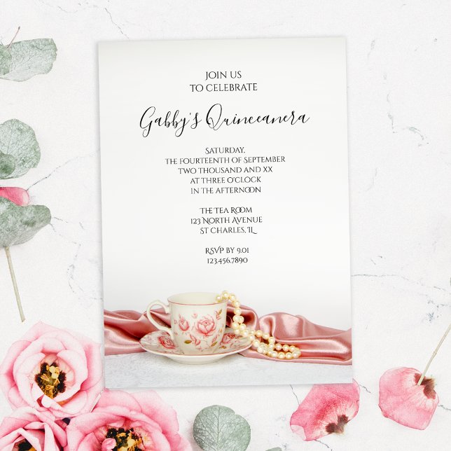 Rosa Blommigt Tea Kopp med Pearls Quinceanera Part Inbjudningar (Skapare uppladdad)