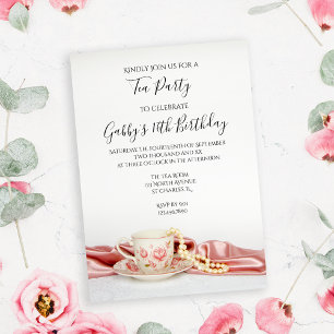 Rosa Blommigt Tea Kopp och Pearls Födelsedagsfest Inbjudningar