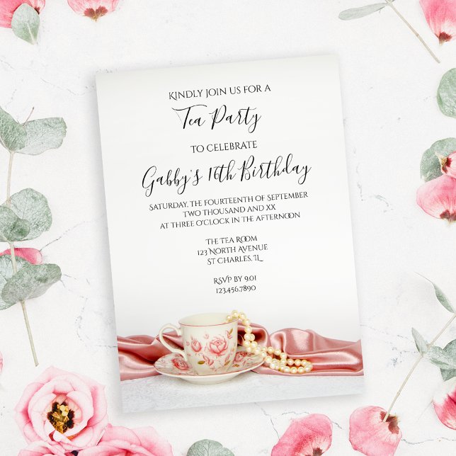 Rosa Blommigt Tea Kopp och Pearls Födelsedagsfest Inbjudningar (Skapare uppladdad)
