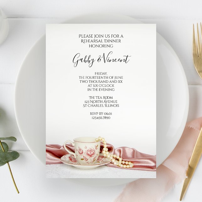 Rosa Blommigt Tea Kopp och Pearls Rehearsal Middag Inbjudningar (Skapare uppladdad)