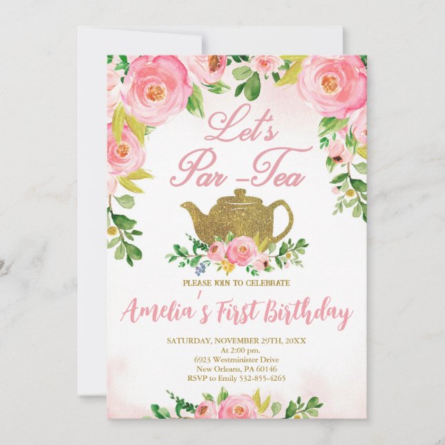 Rosa Blommigt Tea Party 1:a födelsedagen, Rosa Par Inbjudningar (Framsida)