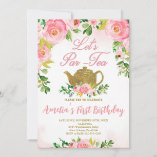 Rosa Blommigt Tea Party 1:a födelsedagen, Rosa Par Inbjudningar