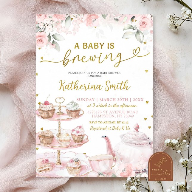 Rosa Blommigt Tea Party Baby bjuder in Inbjudningar (Skapare uppladdad)