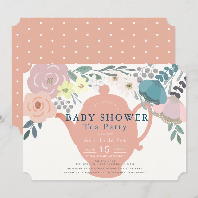 Rosa Blommigt Tea Party Baby Shower Inbjudningar (Fram/baksida)
