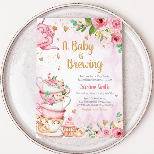 Rosa Blommigt Tea Party Baby Shower Inbjudningar (Tea Party Baby Shower Invitation)