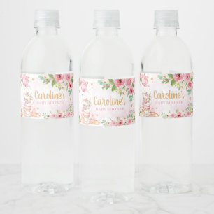 Rosa Blommigt Tea Party Baby Shower Vattenflaskor Etikett