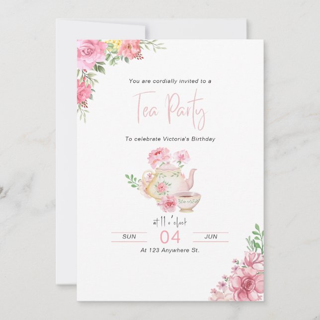 Rosa Blommigt Tea Party Birthday-inbjudan Inbjudningar (Framsida)