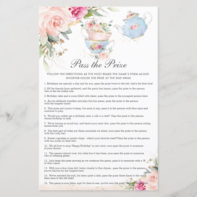 Rosa Blommigt Tea Party Birthday Passar prisspelet (Framsida)