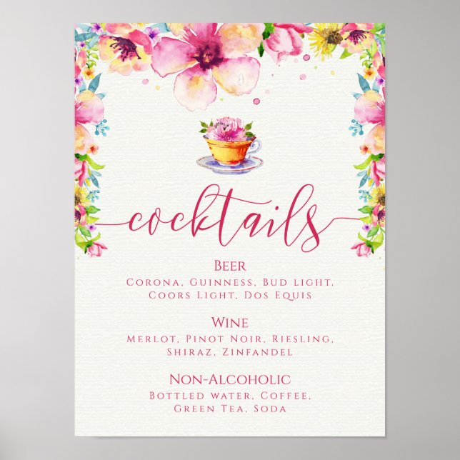 Rosa Blommigt Tea Party Cocktail Menu Poster (Framsidan)