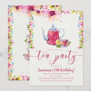 Rosa Blommigt Tea Party födelsedagen Inbjudningar