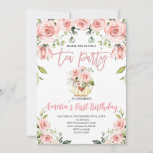  Rosa Blommigt Tea Party Första födelsedag Inbjudningar