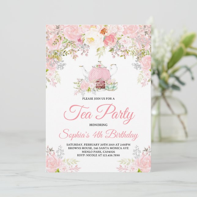 Rosa Blommigt Tea Party Girls Birthday Inbjudningar (Stående Fram)
