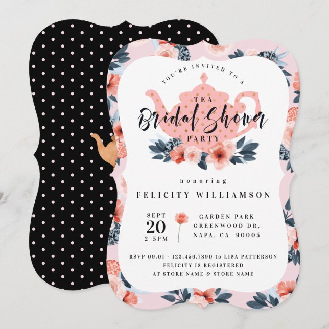 Rosa Blommigt Tea Party Inbjudningskort för möhipp (Fram/baksida)