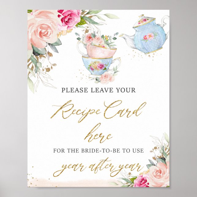  Rosa Blommigt Tea Party Recept for Bride Sign Poster (Framsidan)