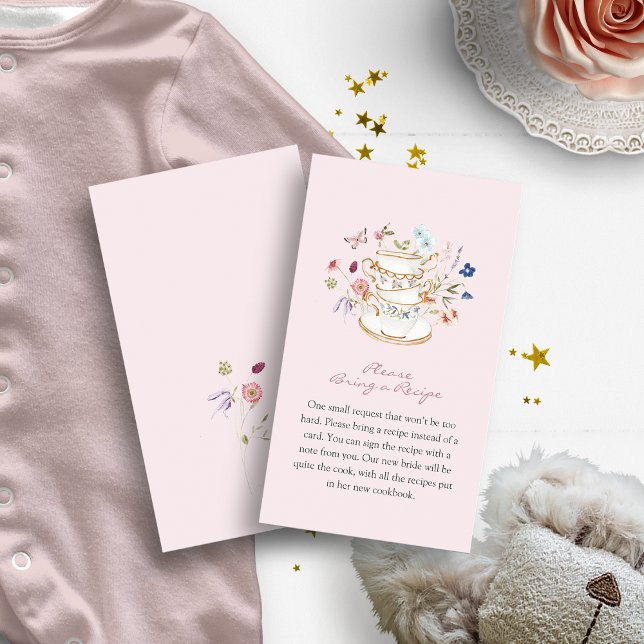 Rosa Blommigt Tea Tilläggskort (Pink Floral Tea Cup Party Bring A Recipe Enclosure Card by Painted Paperie
)