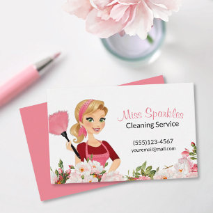 Rosa Blommigt Tecknad Maid House Städning Services Visitkort