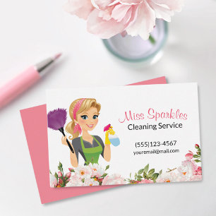Rosa Blommigt Tecknad Maid House Städning Services Visitkort