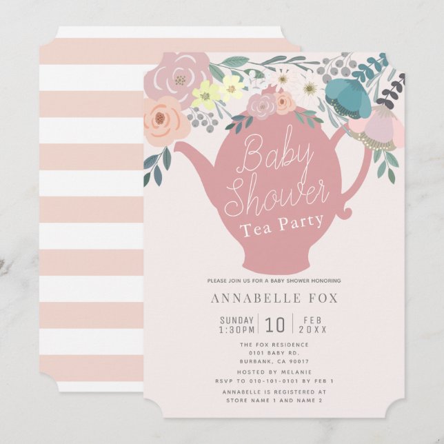 Rosa Blommigt Tekanna Tea Party Baby Shower Inbjudningar (Fram/baksida)